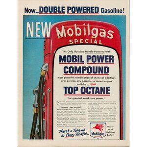 1954 Mobilegas "Double Powered Gasoline" Vintage Print Ad (L5)